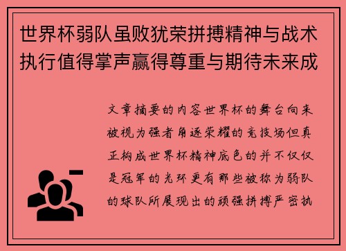 世界杯弱队虽败犹荣拼搏精神与战术执行值得掌声赢得尊重与期待未来成长